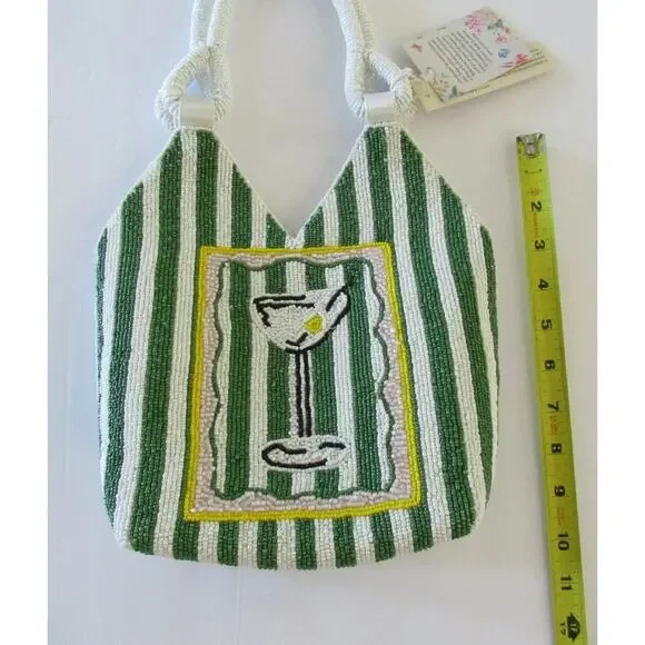 NWT Handcrafted in India Martini Beaded Bag Green & white Striped Tik Tok Viral - Picture 7 of 8